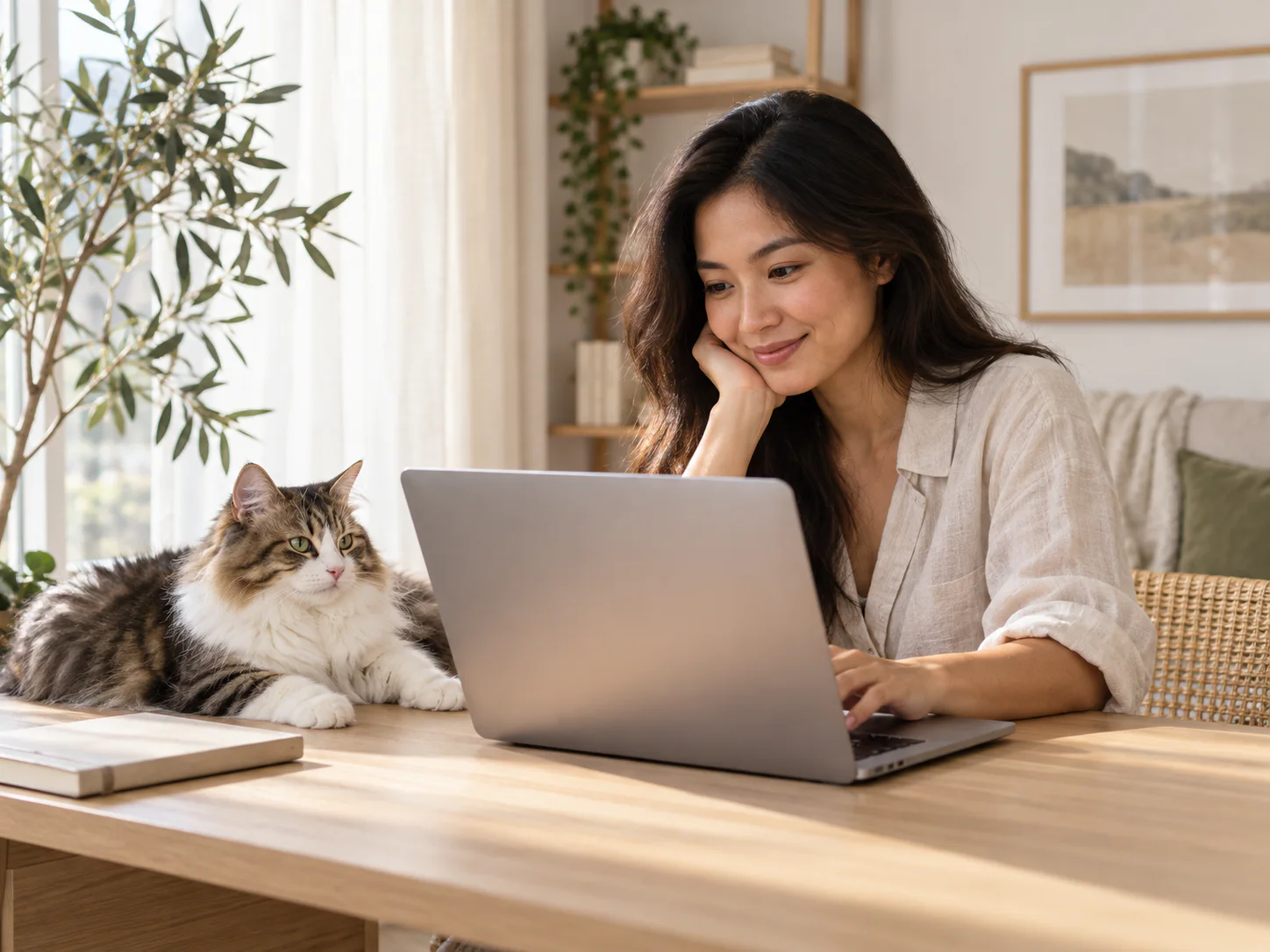 A NepiPaw team member replying online with a cat nearby