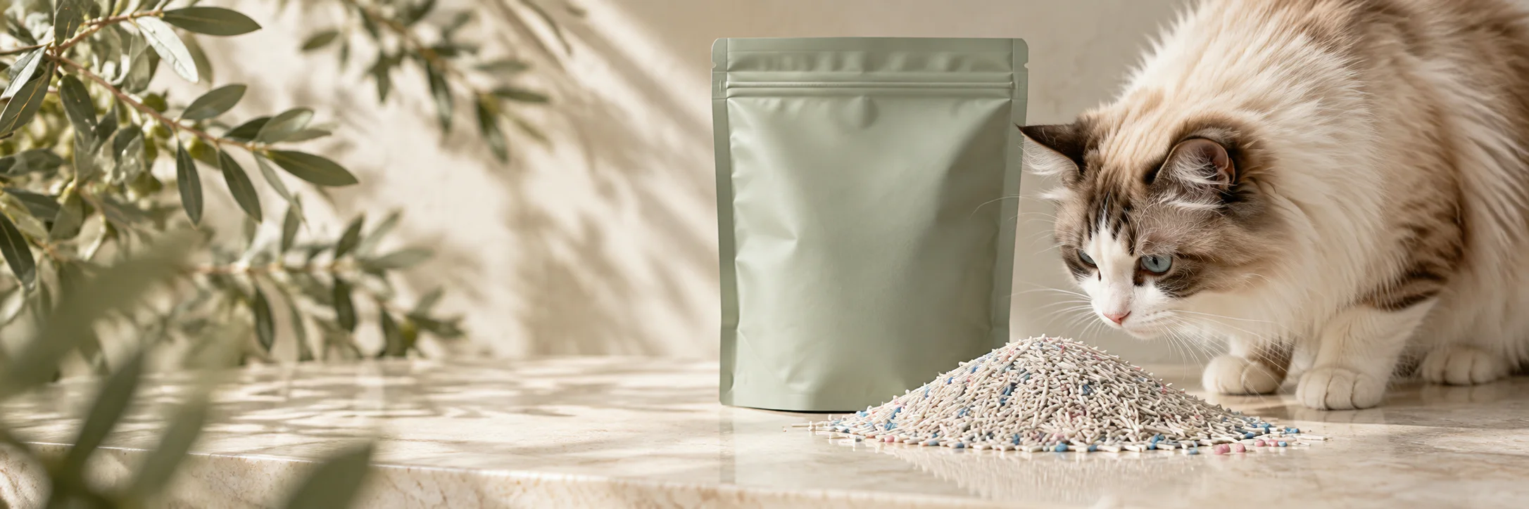 A curious cat beside NepiPaw tofu litter and a sage product pouch