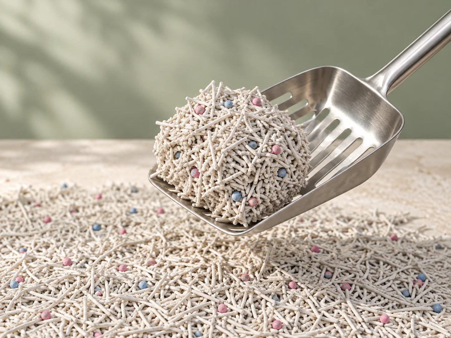 A firm NepiPaw litter clump lifted by a scoop