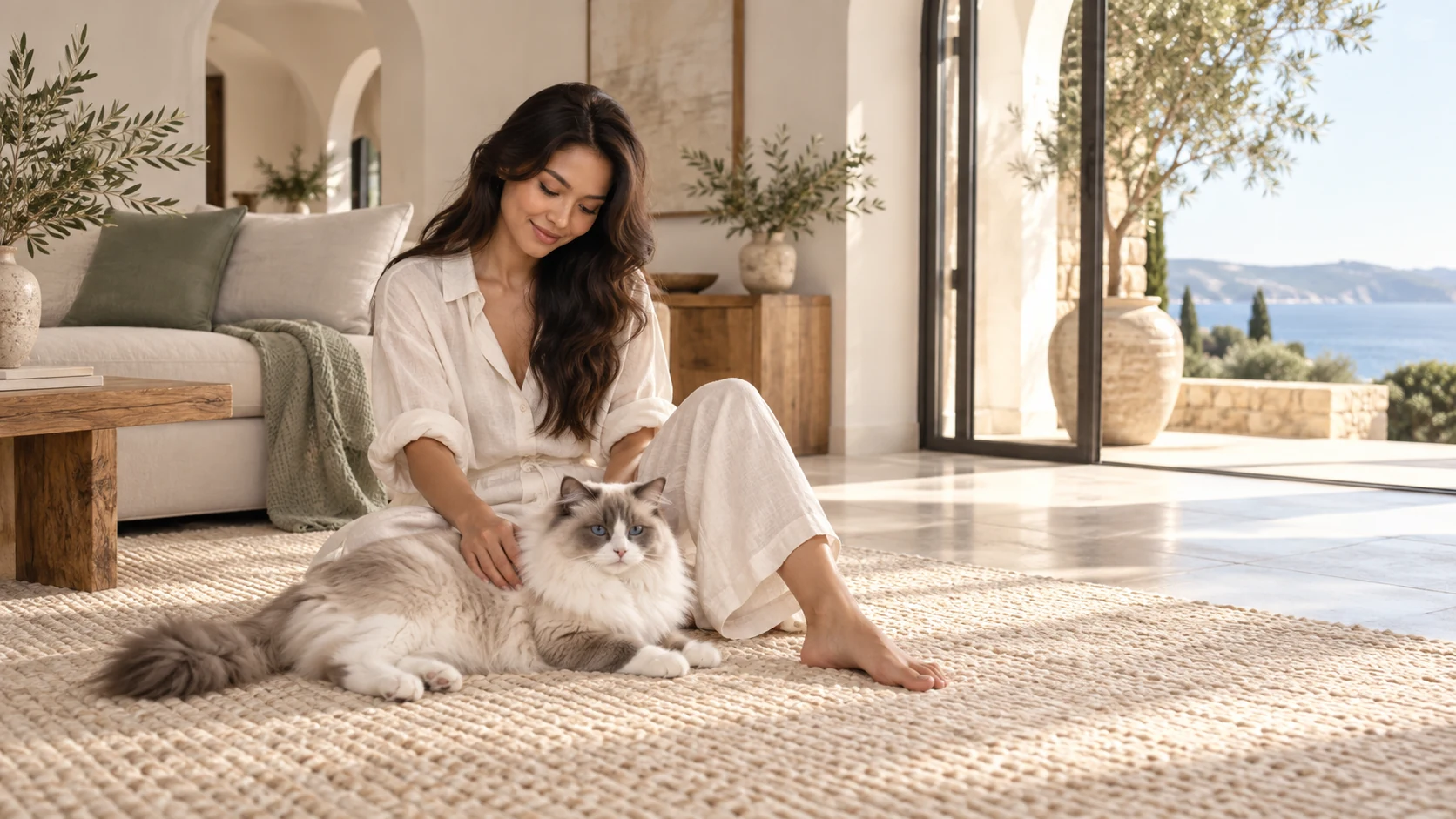 A cat relaxing with its owner in a naturally styled home