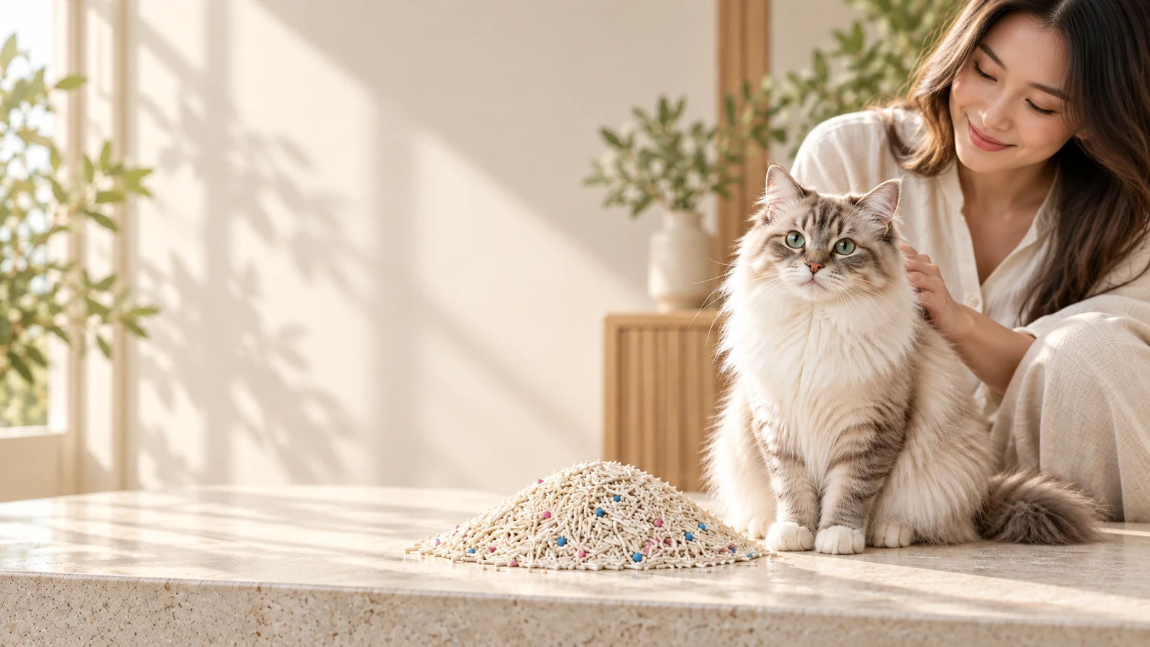 A cat parent caring for her cat beside NepiPaw tofu litter